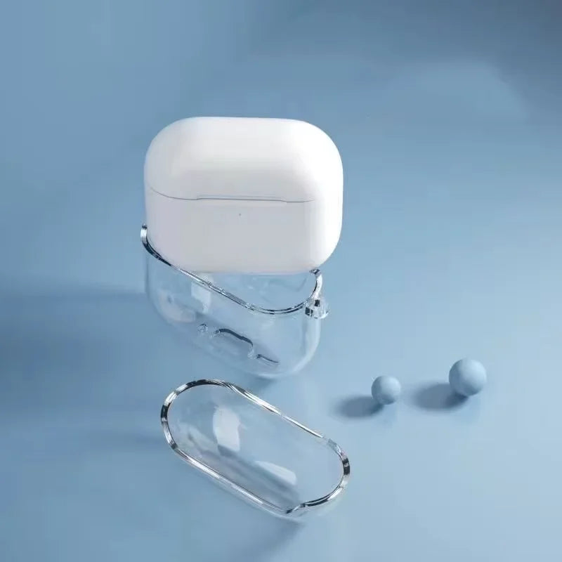 Clear, transparent protective case for Apple AirPods Pro on a light blue background.