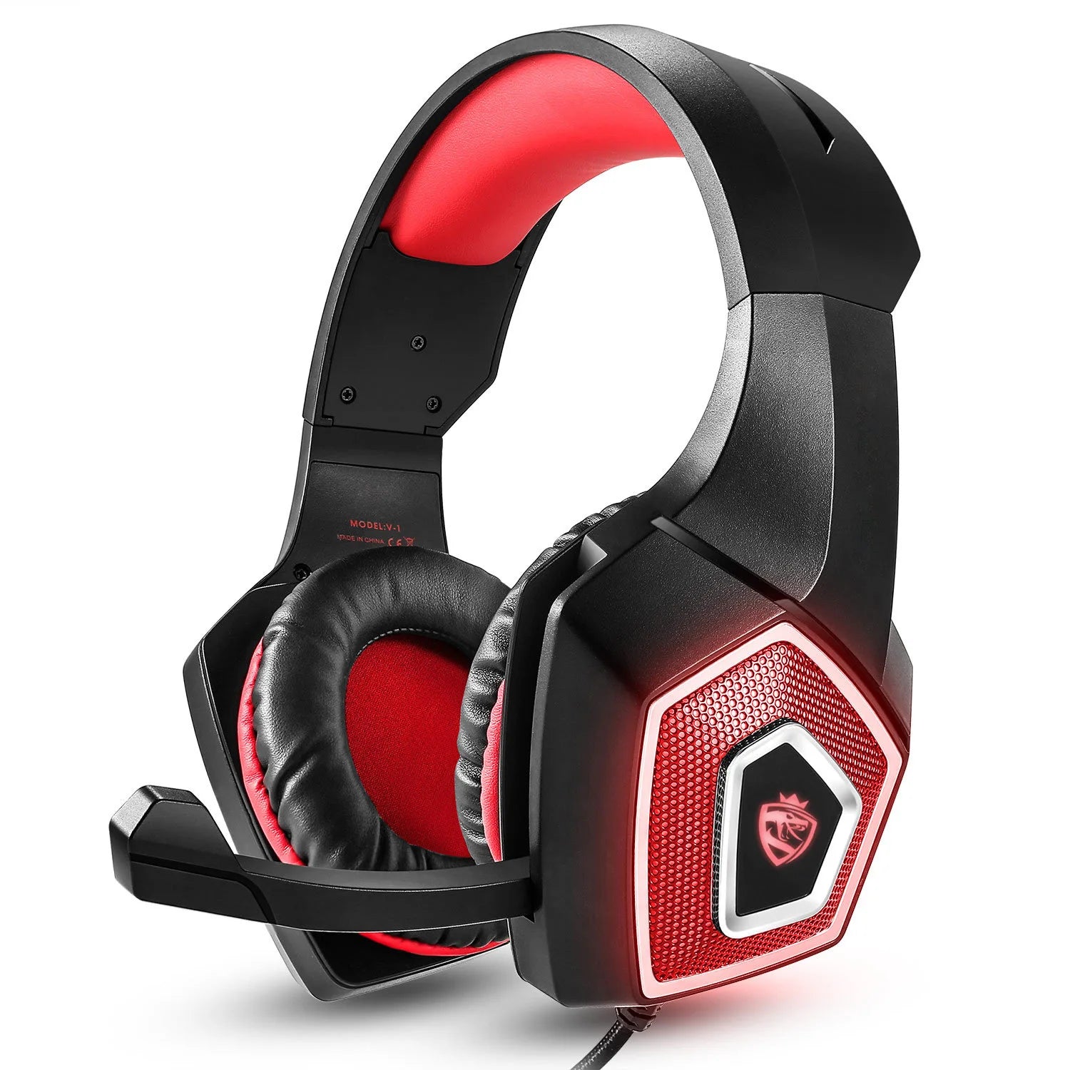 Black and red wired gaming headset with comfortable ear cushions, an adjustable microphone and integrated RGB lighting.