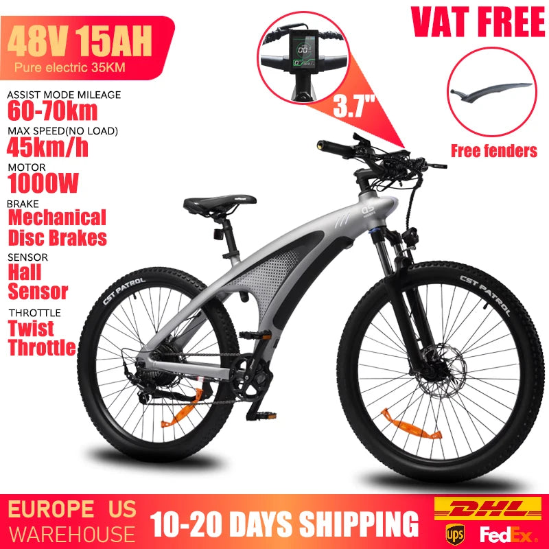 HUANCI Q5 gray electric mountain bike with thick tires, curved frame, front suspension, and handlebar display.