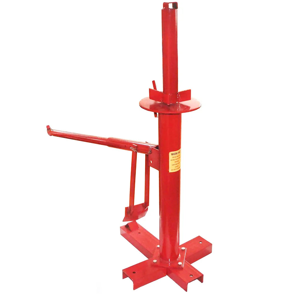 Red manual tire changer machine with a vertical post, four-legged base, and a side demount lever and bead breaker.