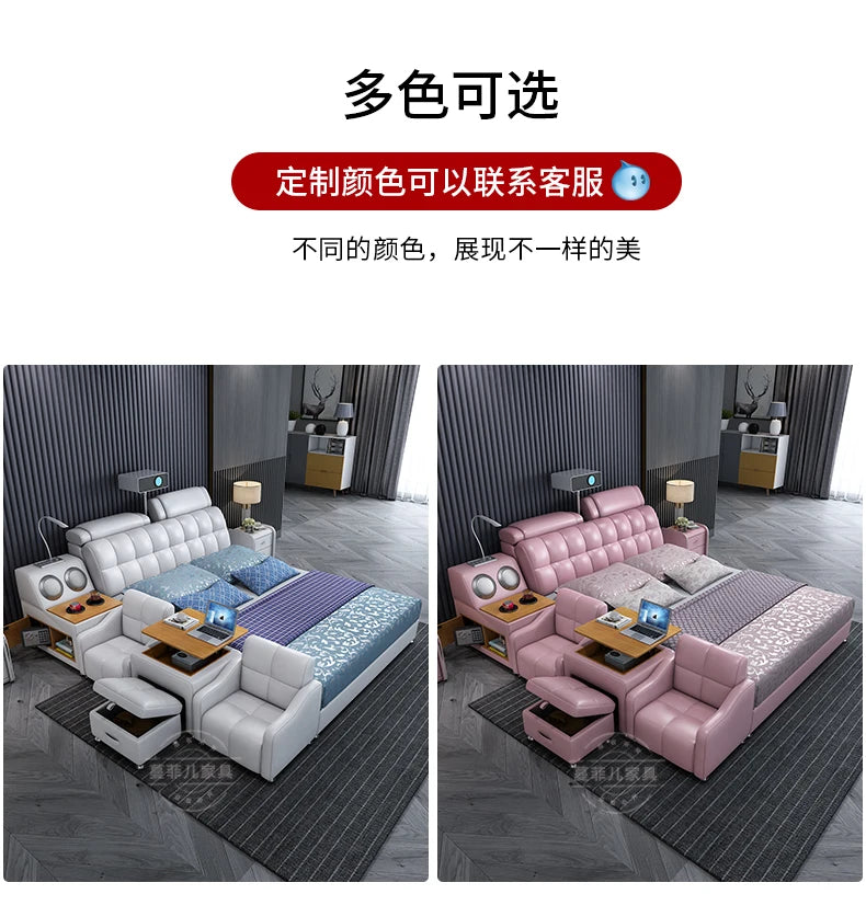 Modern double beds in white or pink, featuring padded headboards, built-in storage, side tables, and small armchairs.