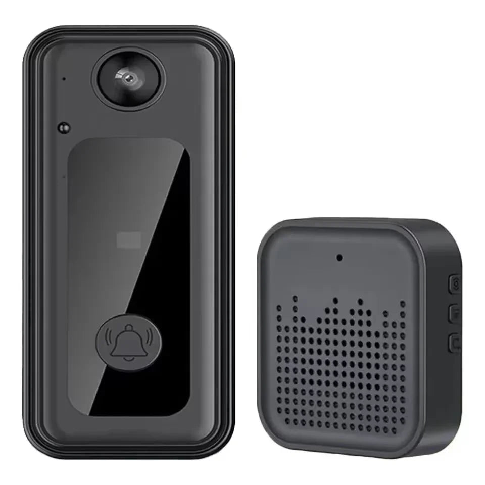 Modern matte black wireless smart doorbell with HD camera lens, bell button and matching square indoor chime speaker.