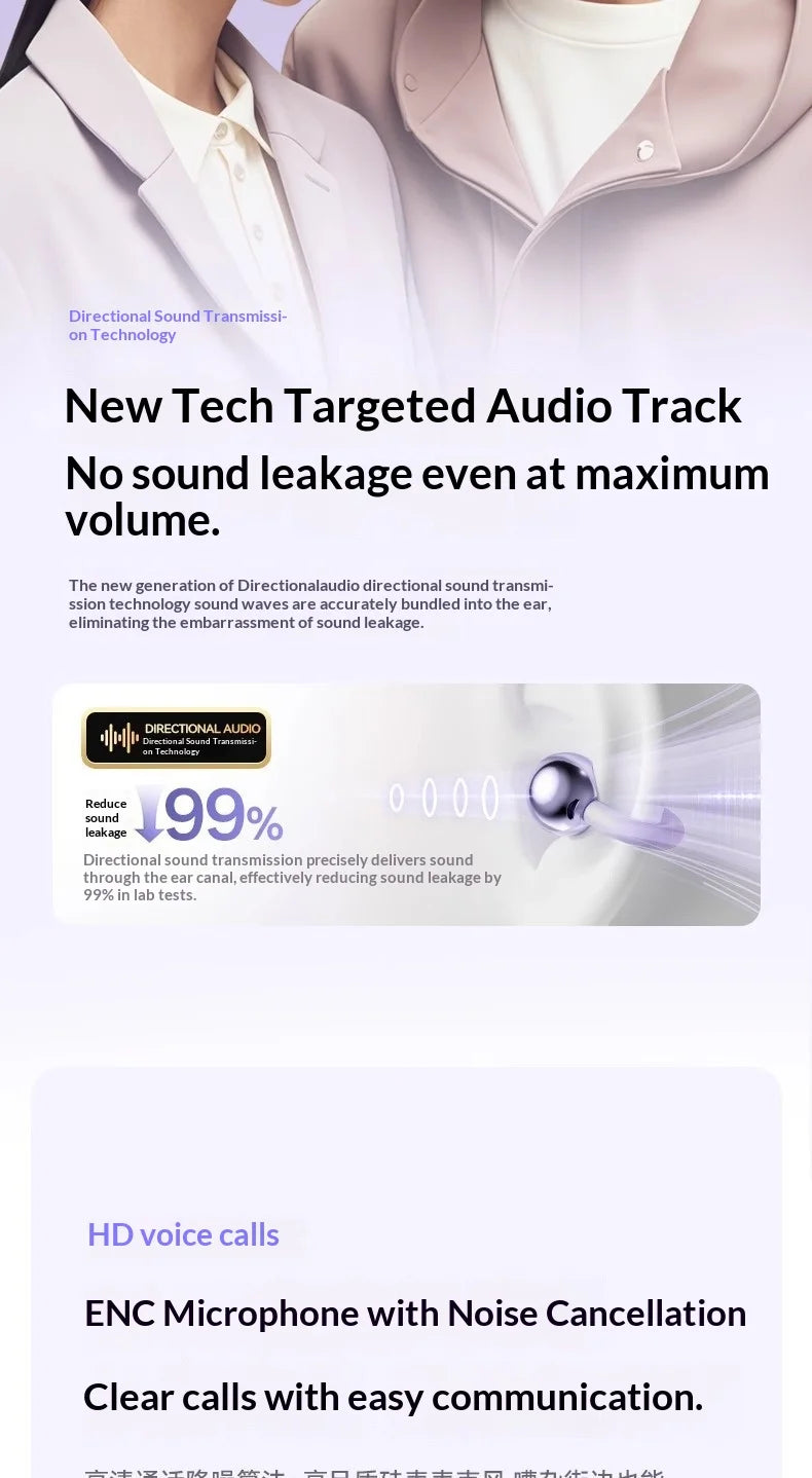 Sleek, metallic purple open-ear wireless earbuds designed to minimize sound leakage for focused audio.