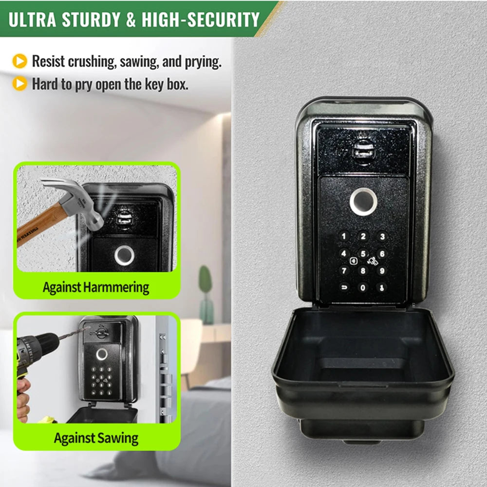 Black metal wall-mounted key lock box with a numeric keypad and fingerprint scanner for secure access.