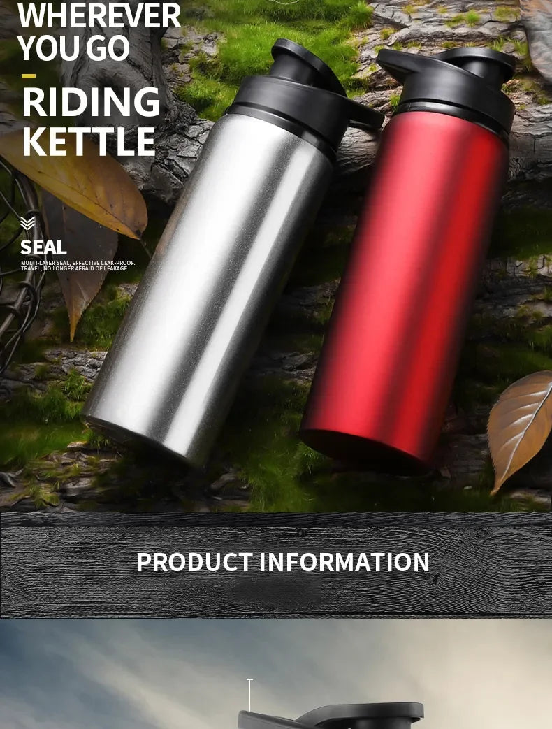 Two stainless steel travel bottles in silver and red with black leak-proof lids, resting on a mossy wooden background.
