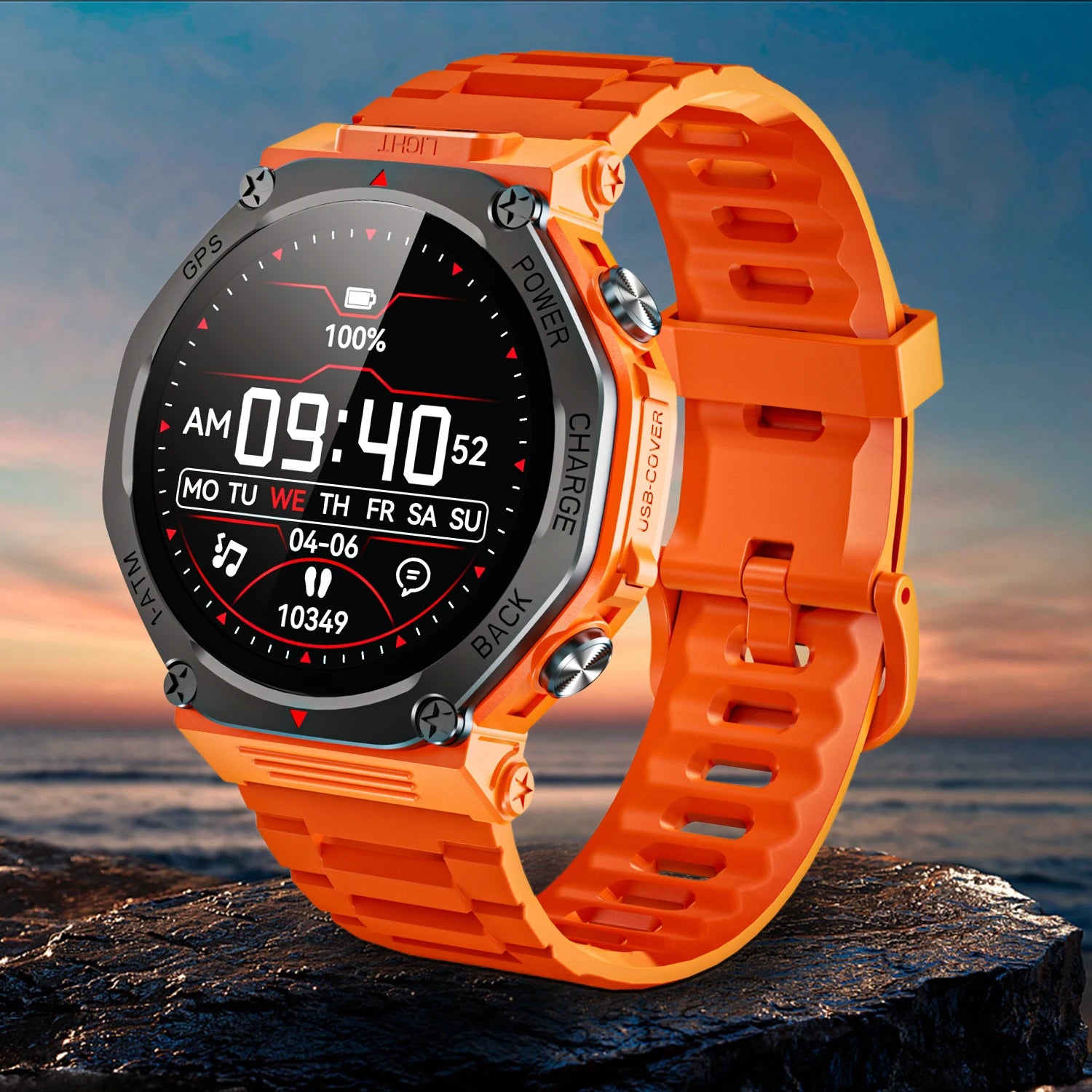 Rugged orange smartwatch with digital display, GPS, and side flashlight buttons, set against a sunset beach background.
