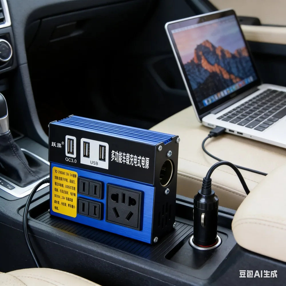 Blue 2000W car power inverter with USB ports and AC sockets, plugged into a car console to charge a laptop.