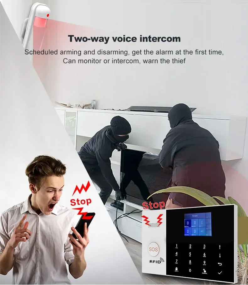 Smart home alarm system with a black and white touchscreen console, motion sensor, and mobile app monitoring.