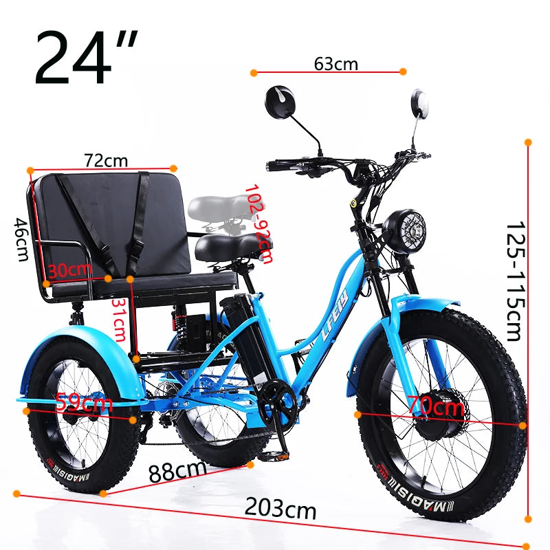 Electric Tricycle For Adults Battery Removable Range of 65km 750w 48W 7-Speed Transmission 24 Inch Snow Fat Bike