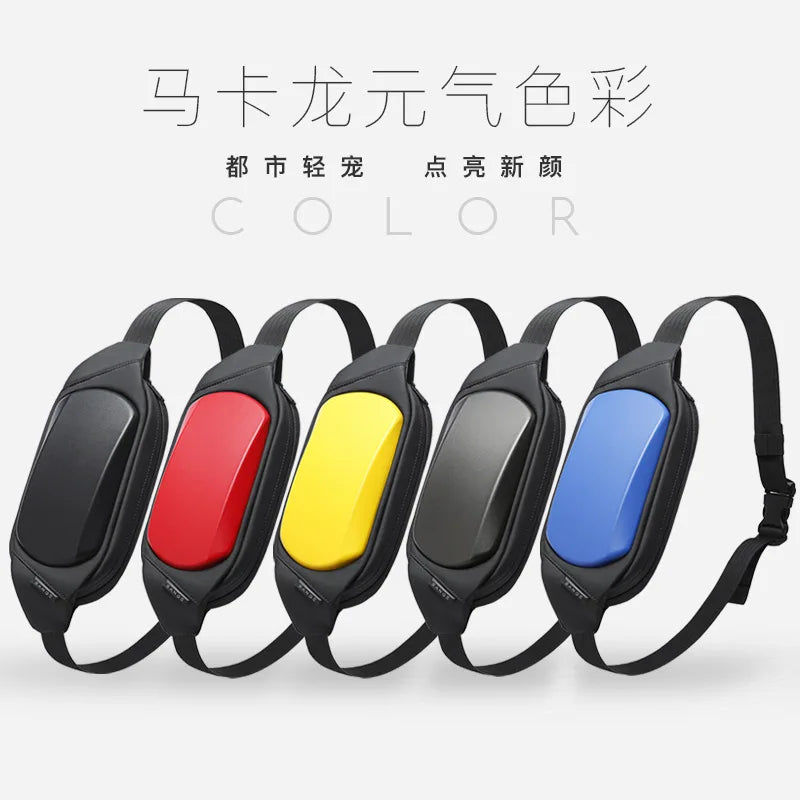 Five waterproof chest bags in black, red, yellow, grey, and blue, featuring a sleek, hard-shell anti-theft design.
