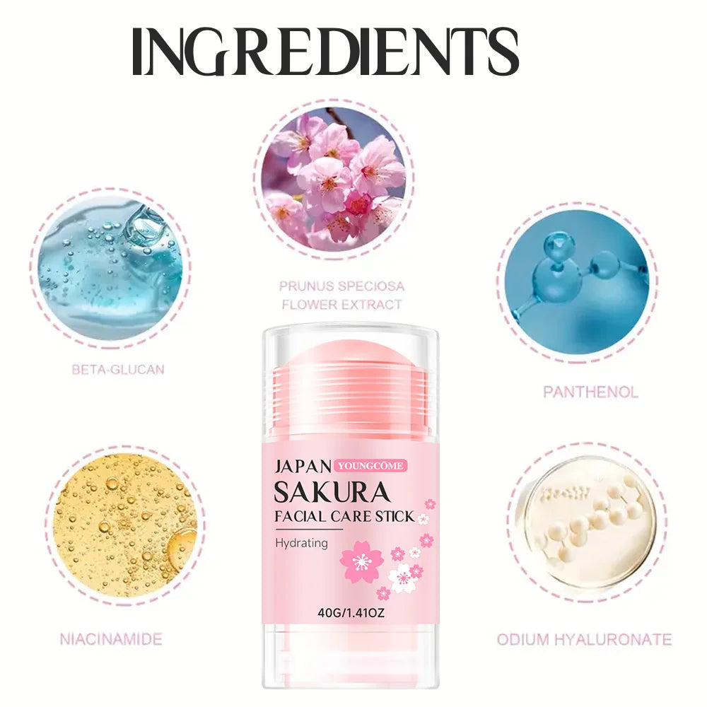 Pink hydrating facial care stick with sakura flower extract, beta-glucan, niacinamide, panthenol, and hyaluronate.