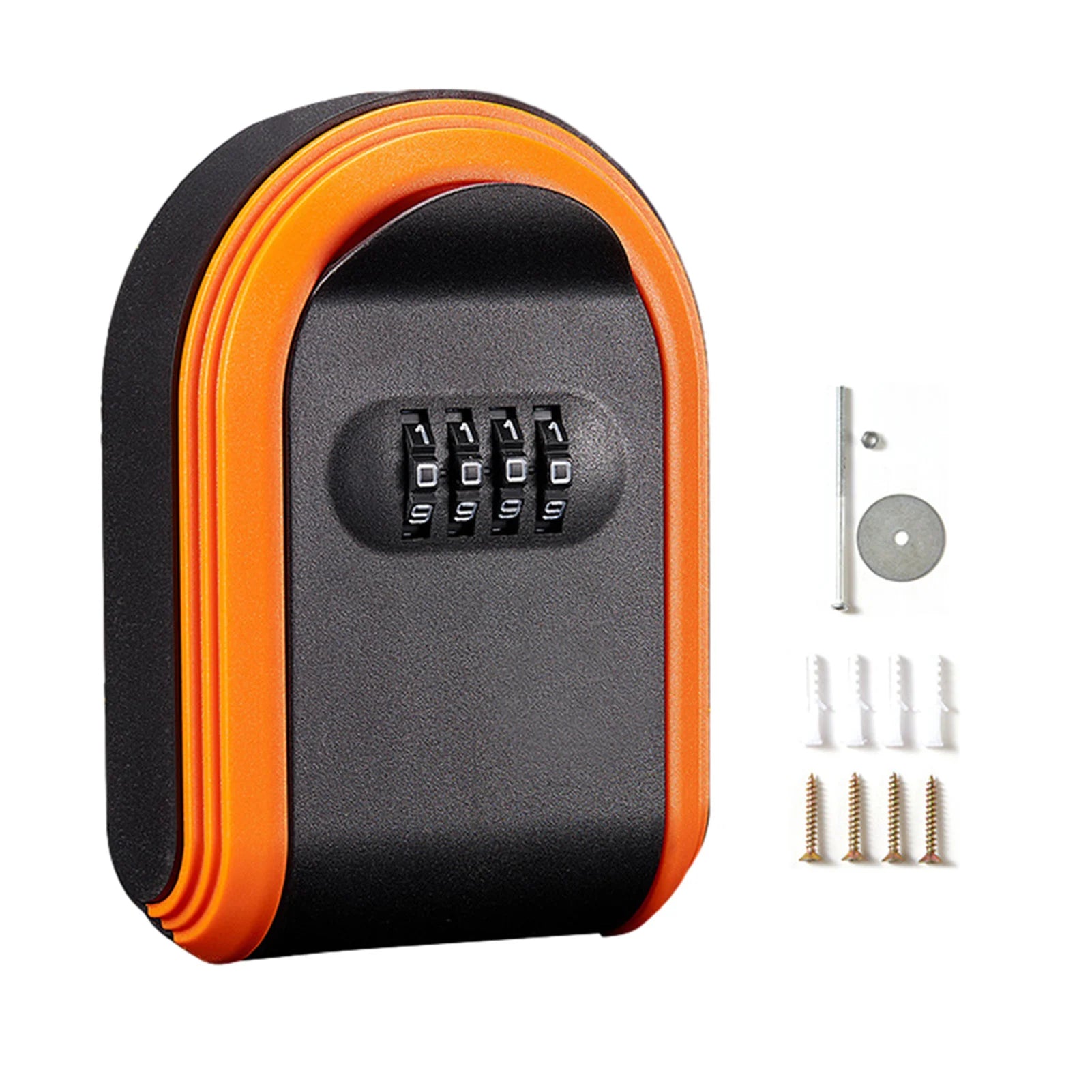 Black and orange metal key lock box with a four-digit combination dial, plus included mounting hardware.