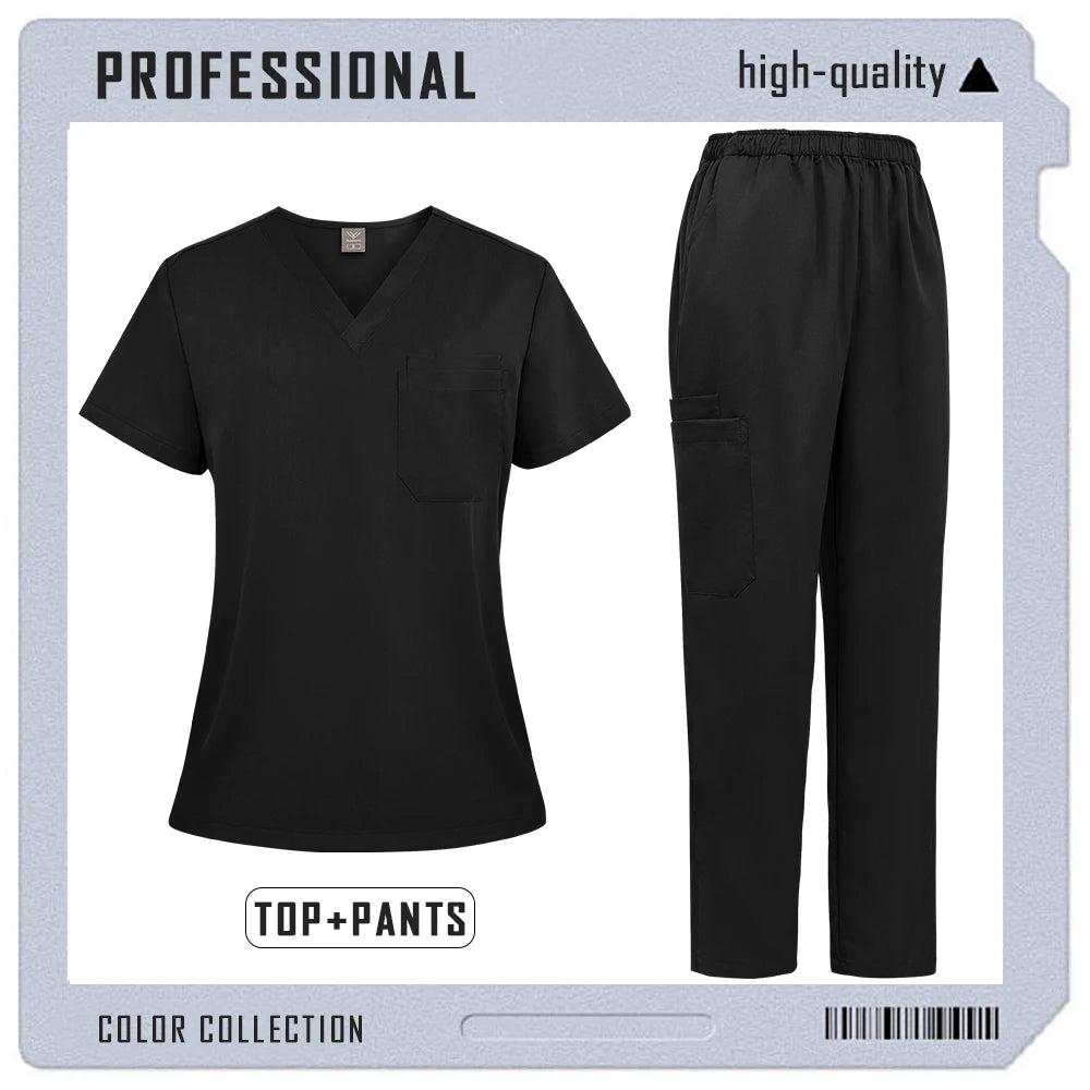 Black unisex medical scrub set featuring a V-neck top with a chest pocket and matching elastic-waist trousers.