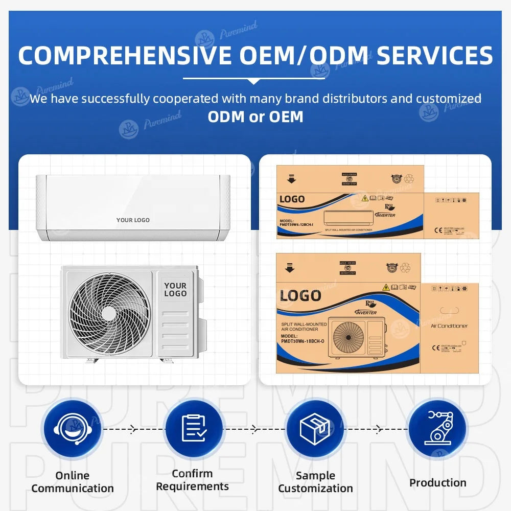 Sleek white wall-mounted smart inverter split air conditioner with an outdoor unit and cardboard packaging examples.