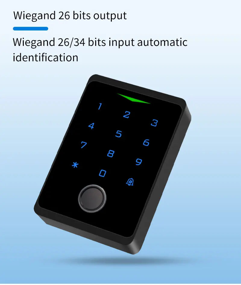 Black plastic access control keypad with blue backlit buttons and a fingerprint scanner sensor at the bottom.