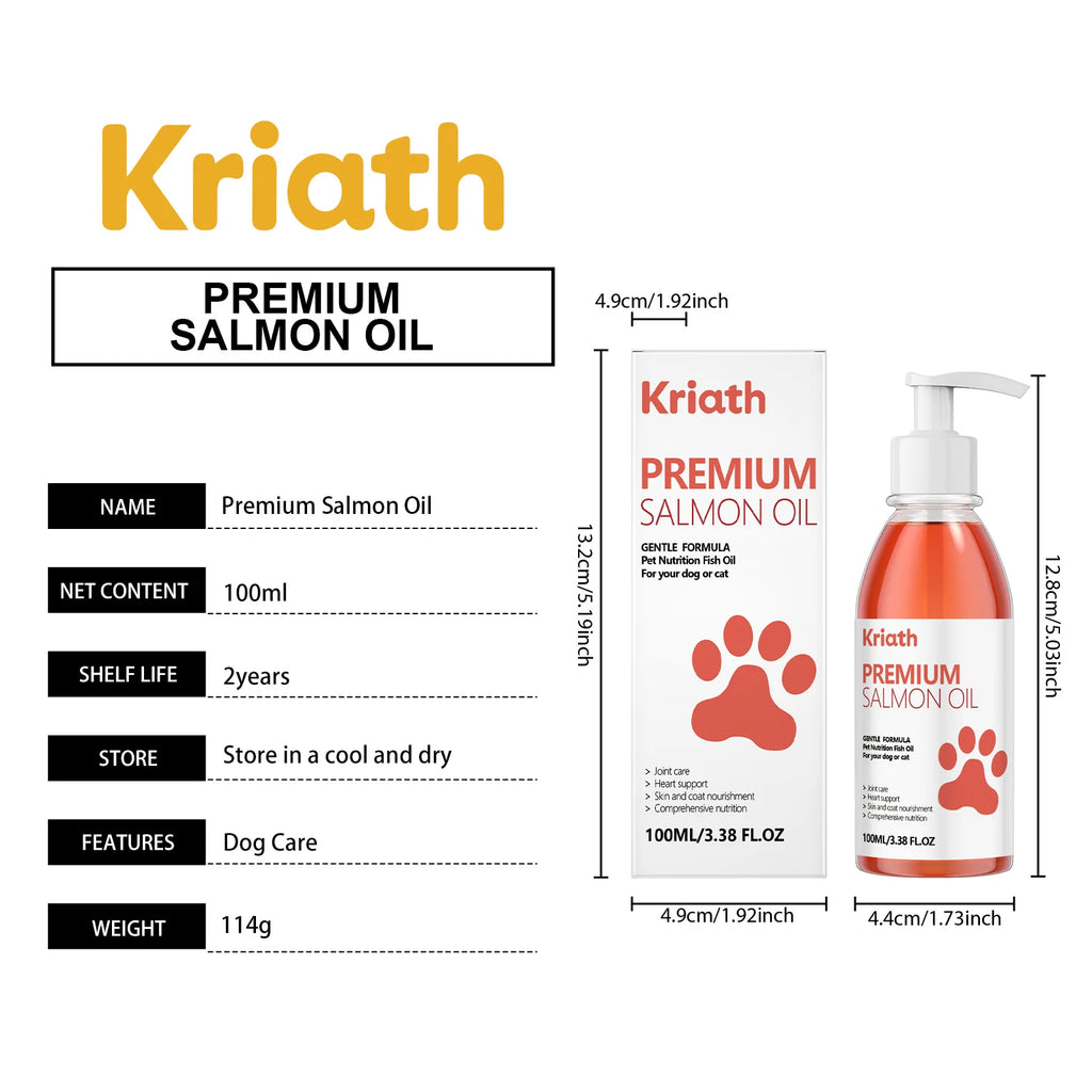 100ml bottle of orange premium salmon oil for dogs and cats, shown with its white box and product dimension details.