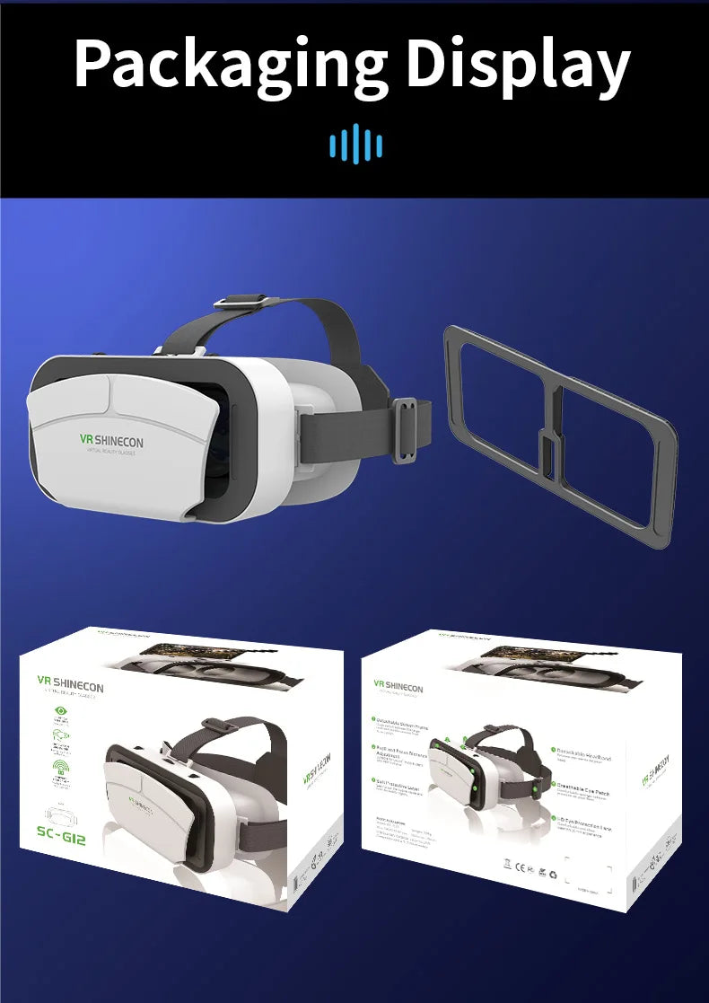 White and grey smartphone VR headset with adjustable strap, shown with its product packaging and accessories.