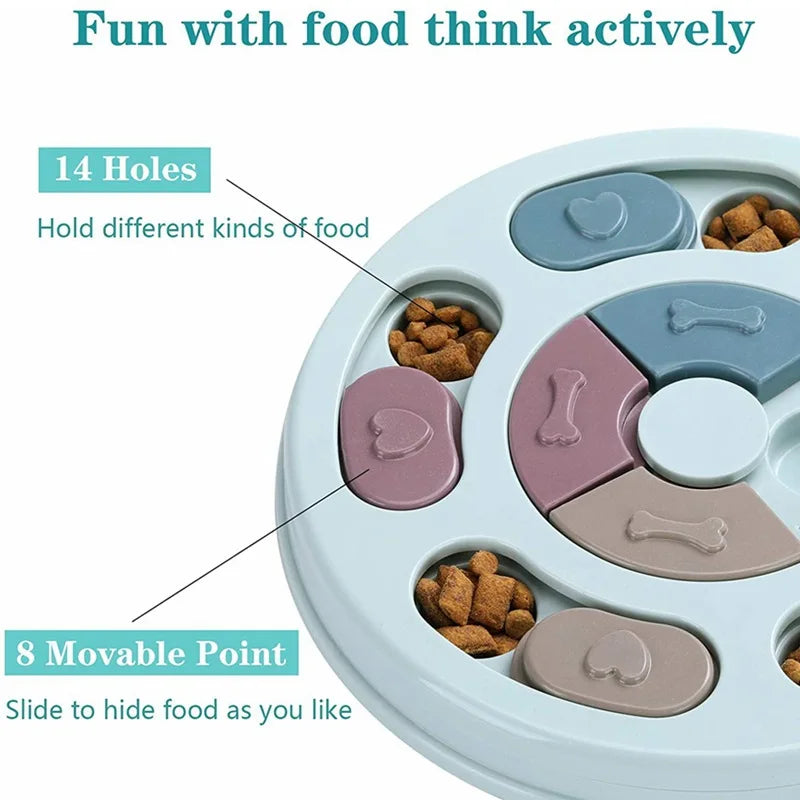 Pastel interactive dog slow feeder with 14 food holes and 8 sliding covers to hide treats for training.