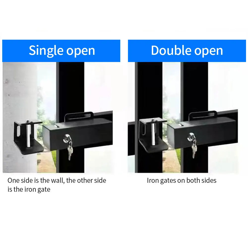 Black metal key-operated gate locks for single or double gate installation, shown mounted on walls or fence posts.