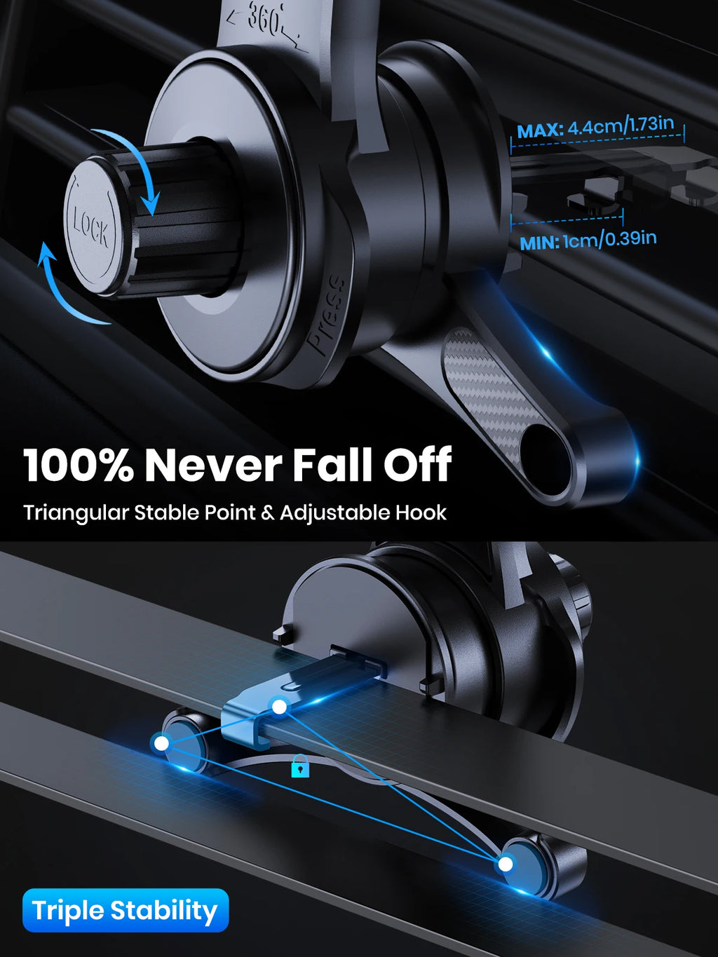 Black car air vent phone mount with adjustable locking hook and triangular stability design for secure grip.