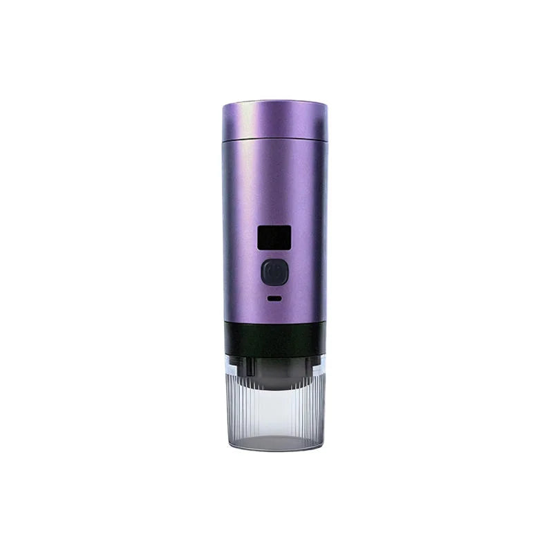Purple portable espresso maker with a black control panel and clear grooved cup base on a white background.