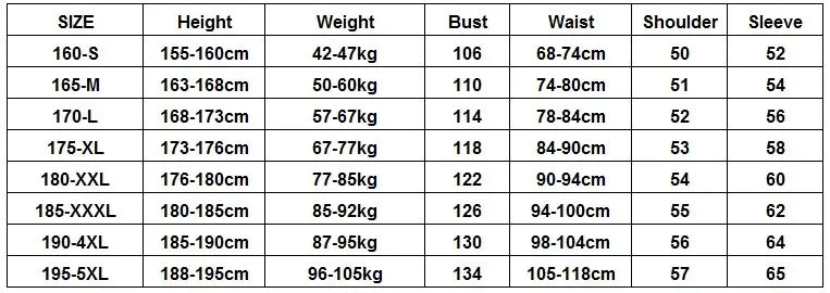 Clothing size conversion chart showing height, weight, bust, waist, shoulder, and sleeve measurements for sizes S-5XL.