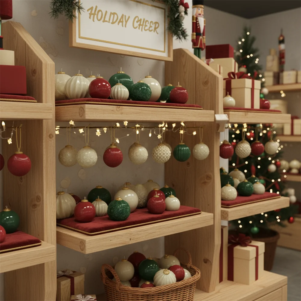 Red, green, and white Christmas bauble candles displayed on wooden shelves and in a wicker basket.