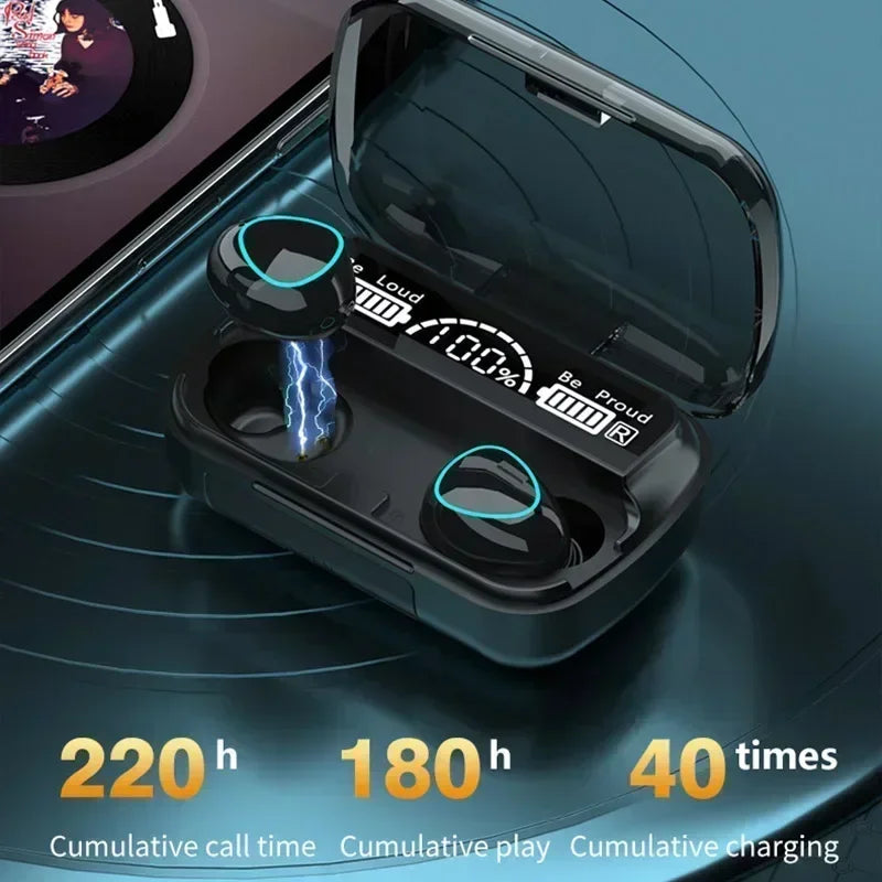 Black wireless earbuds with blue light accents in a charging case featuring a digital battery display.