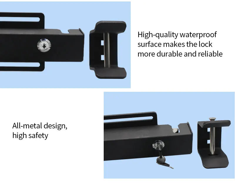 Black metal trailer hitch lock with a key-operated locking mechanism and a durable waterproof finish.