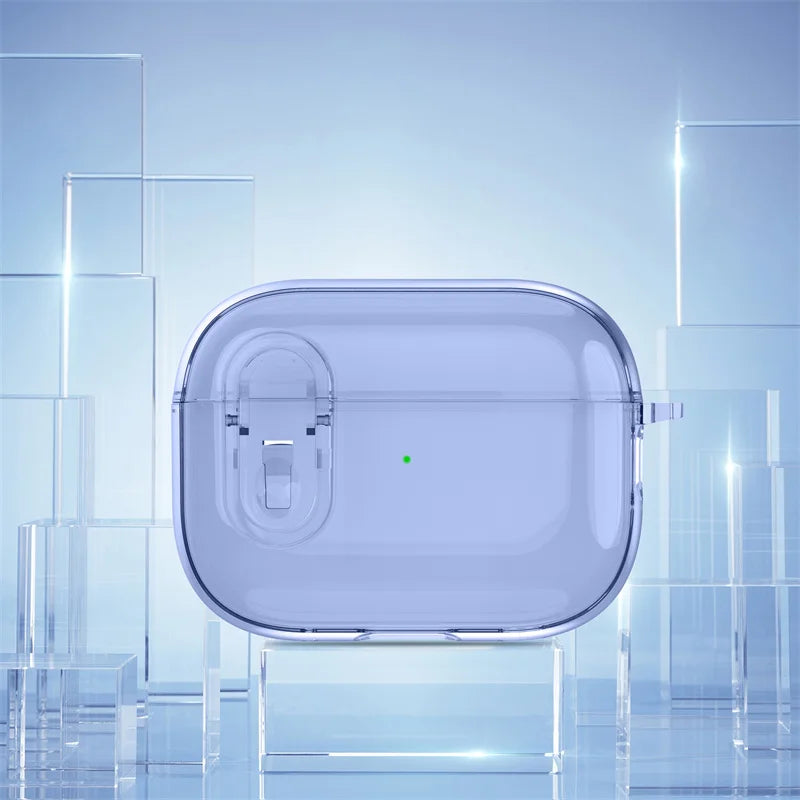 Clear blue protective case for AirPods Pro, featuring a secure locking latch design.