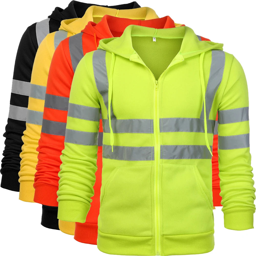 Four zipped thermal safety hoodies in yellow, orange, yellow, and black, featuring reflective strips and hoods.