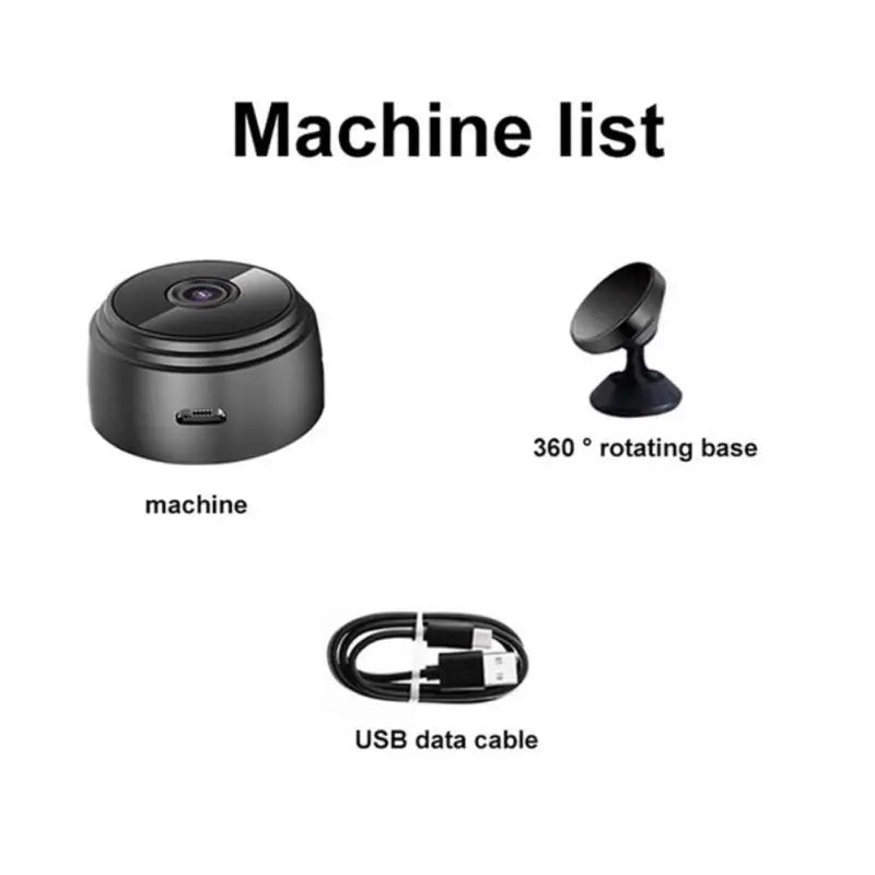 Black circular security camera with a 360-degree rotating stand and a USB charging cable.
