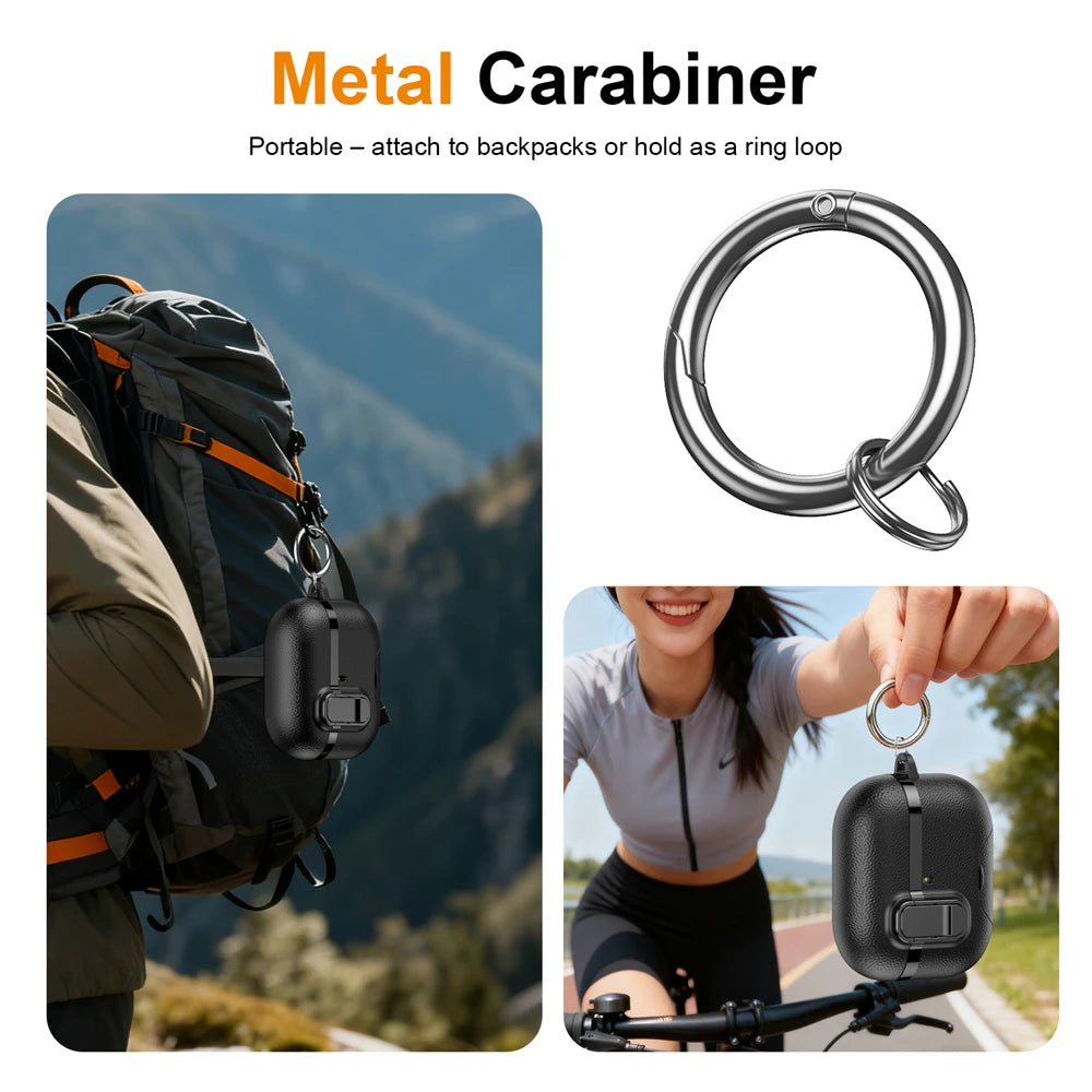 Black textured AirPods case with metal carabiner ring, ideal for attachment to backpacks or bags.