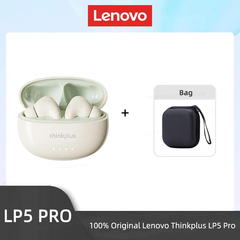 Off-white wireless earbuds in a rounded charging case, bundled with a black square carrying case.
