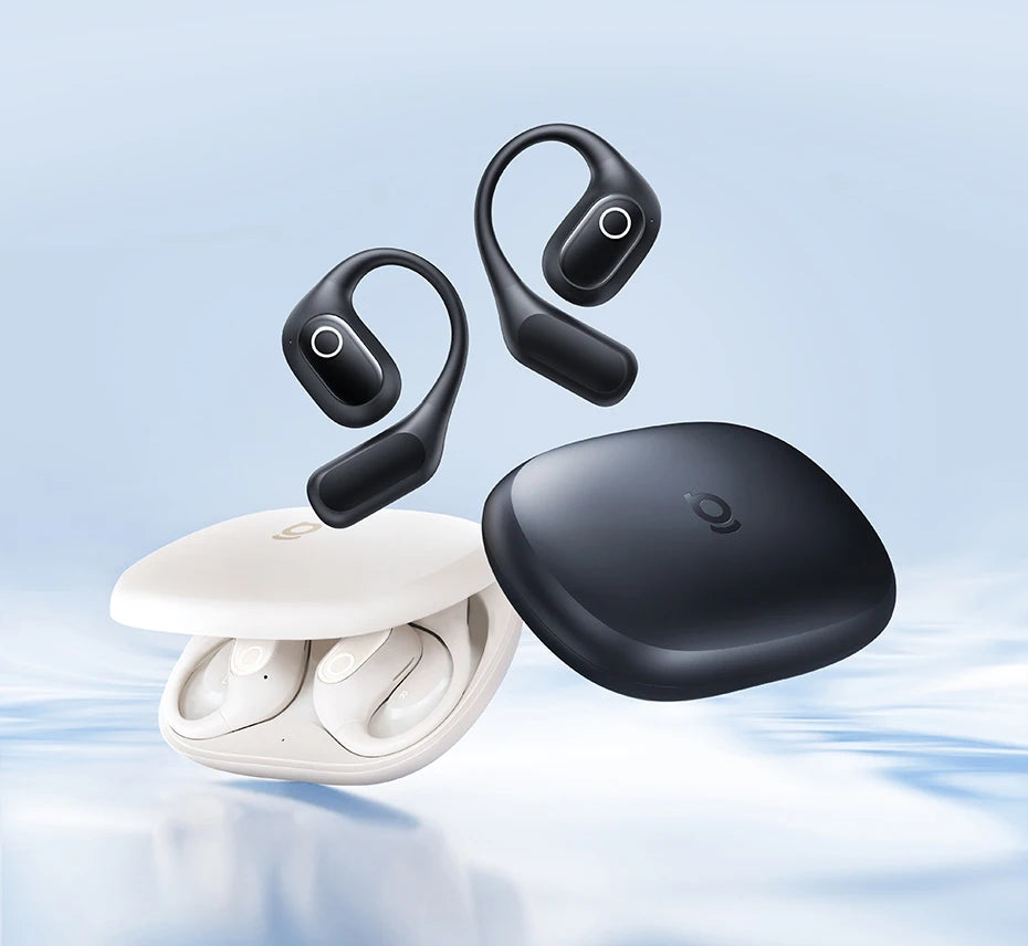 Black and white open-ear earbuds with matching charging cases against a soft blue background.