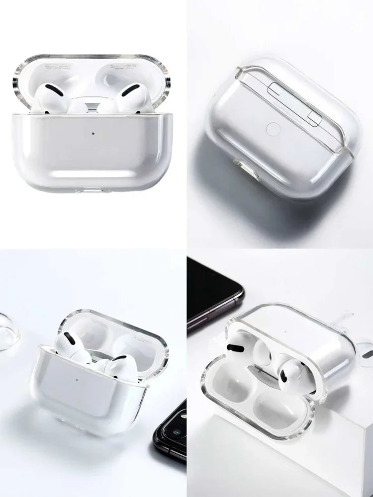 Clear, slim-fit plastic protective case for AirPods Pro, shown from multiple angles.