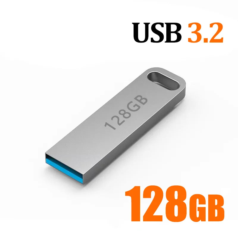 Sleek silver portable USB 3.2 flash drive with a metallic finish and a lanyard hole.