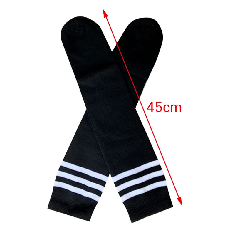 Pair of black knee-high socks featuring three horizontal white stripes at the top, measuring 45cm in length.