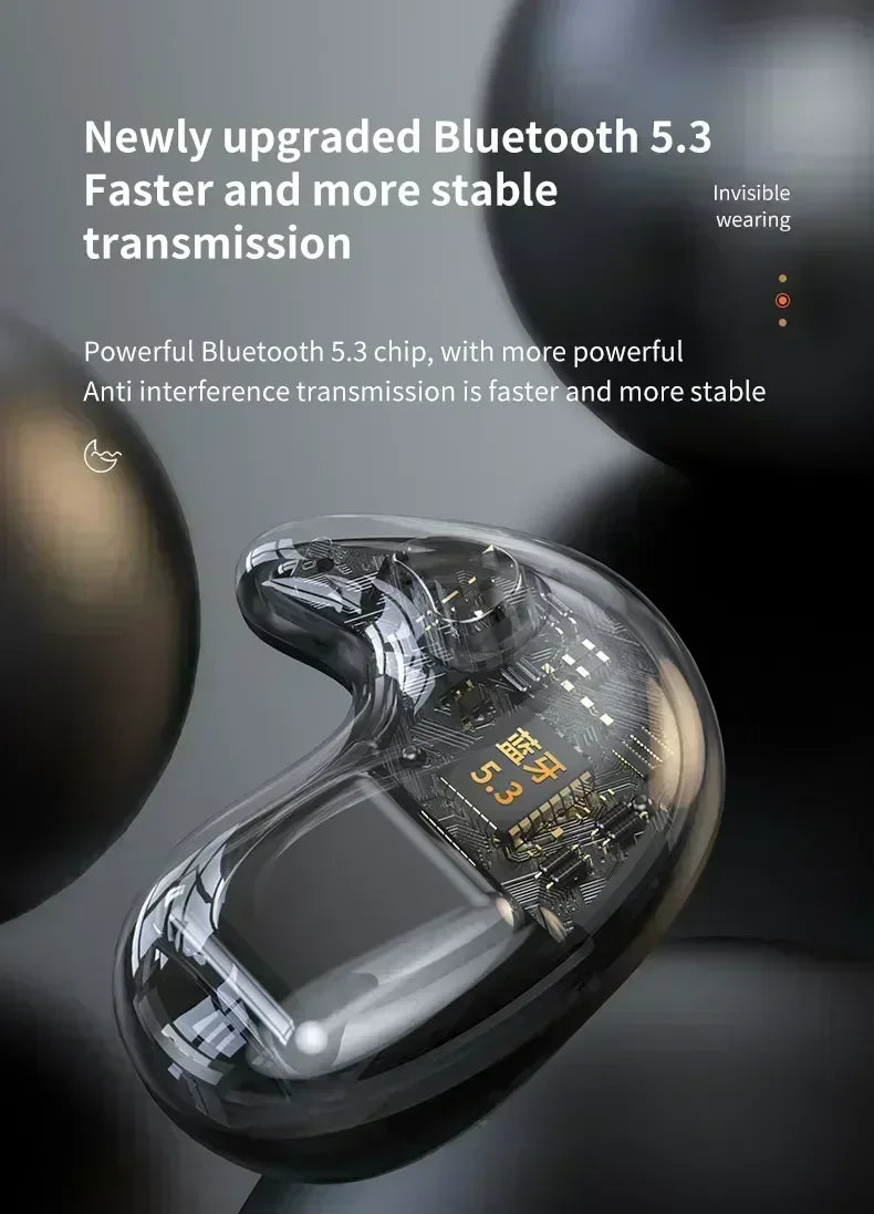 Transparent wireless earbud with visible internal circuitry, a sleek ergonomic design, and black aesthetic features.