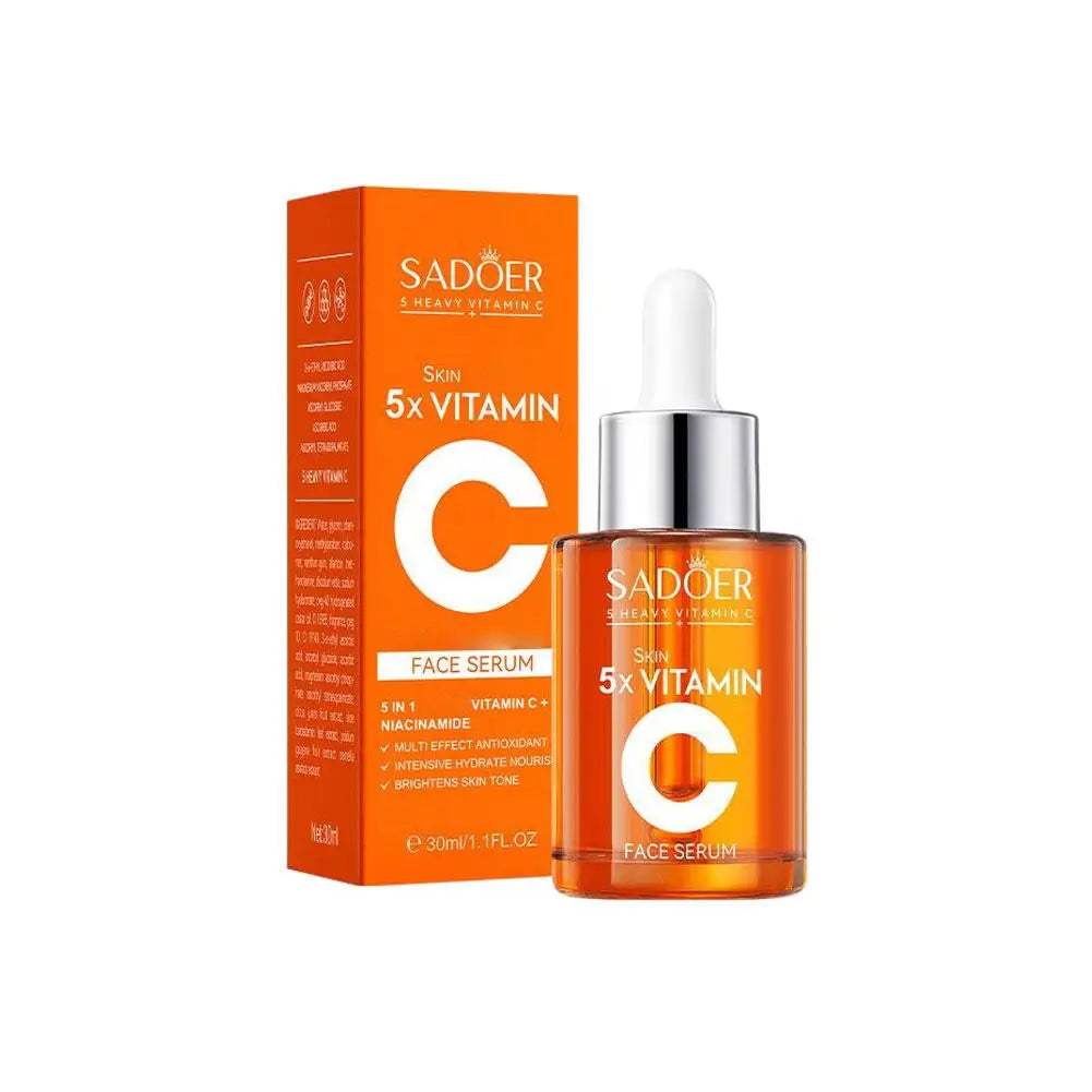 Vitamin C face serum in an orange bottle with a dropper and matching display box.