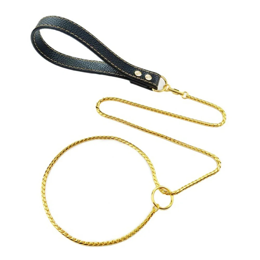 Gold metal chain dog leash with a black leather handle and integrated slip collar ring.