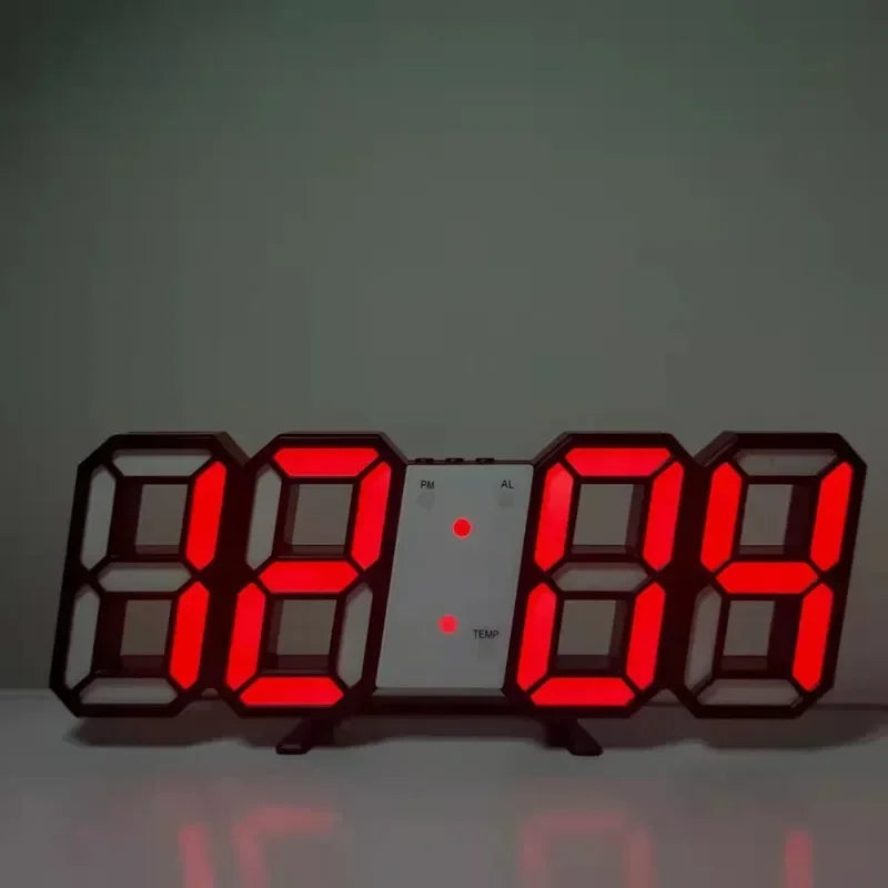 Modern desk alarm clock with large, bright red 3D LED digital display and integrated temperature indicator.