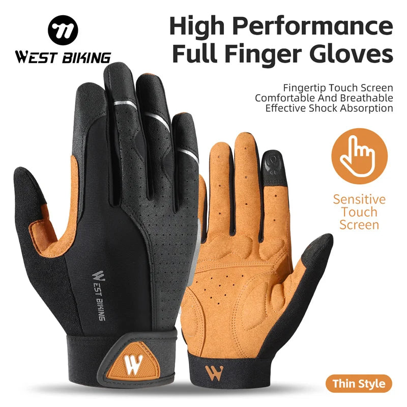 West Biking full-finger cycling gloves in black and tan with touchscreen fingertips and padded palms.