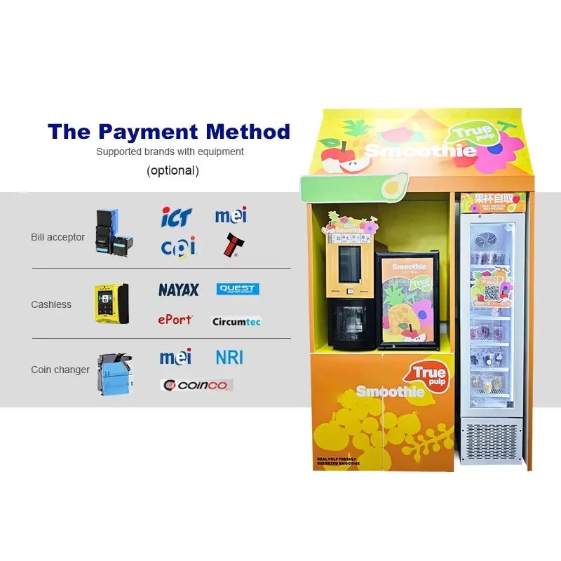 Yellow commercial smoothie vending machine with slushy dispenser, digital screen, and attached glass-door fridge.