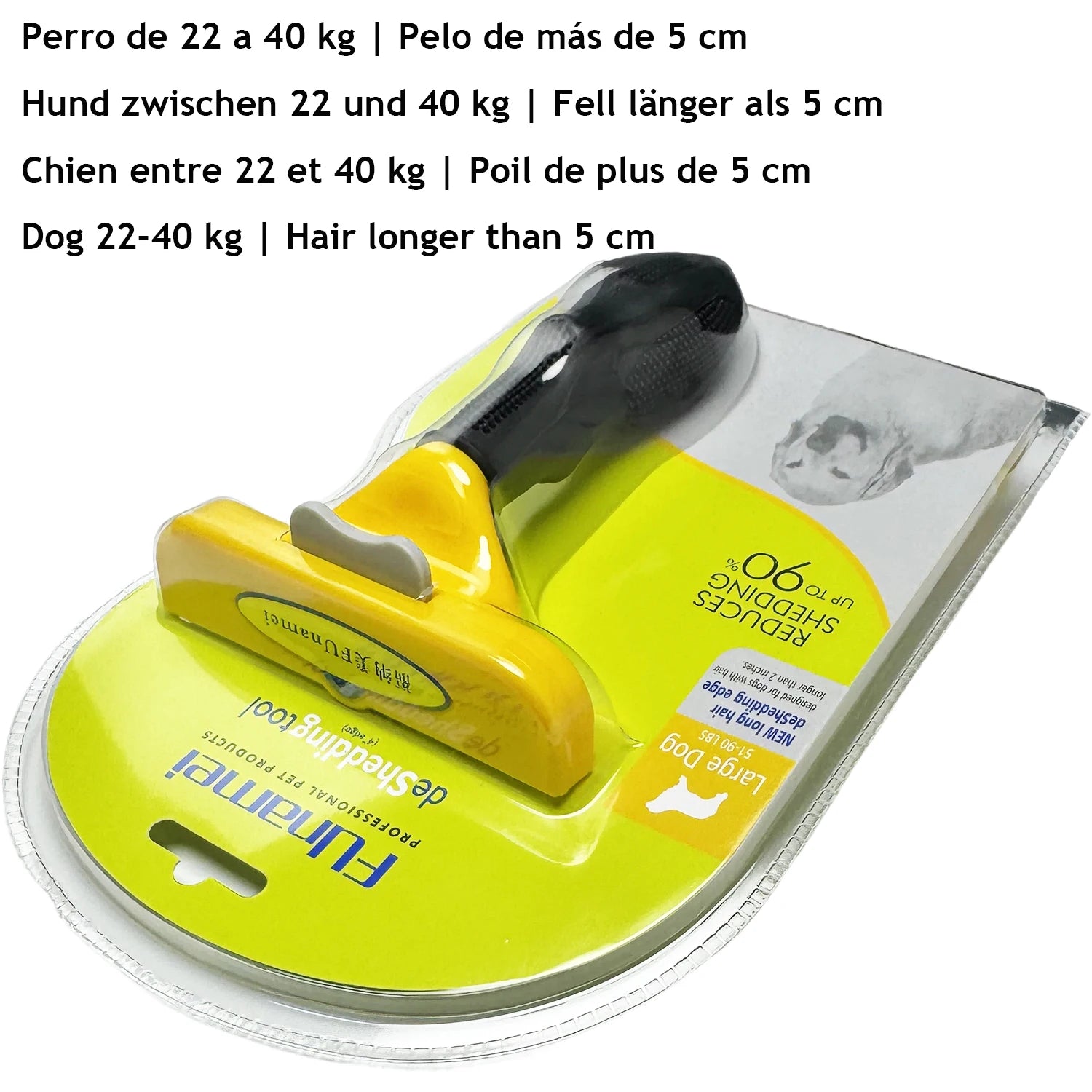 Yellow and black deshedding tool for large dogs with long hair, in blister packaging.