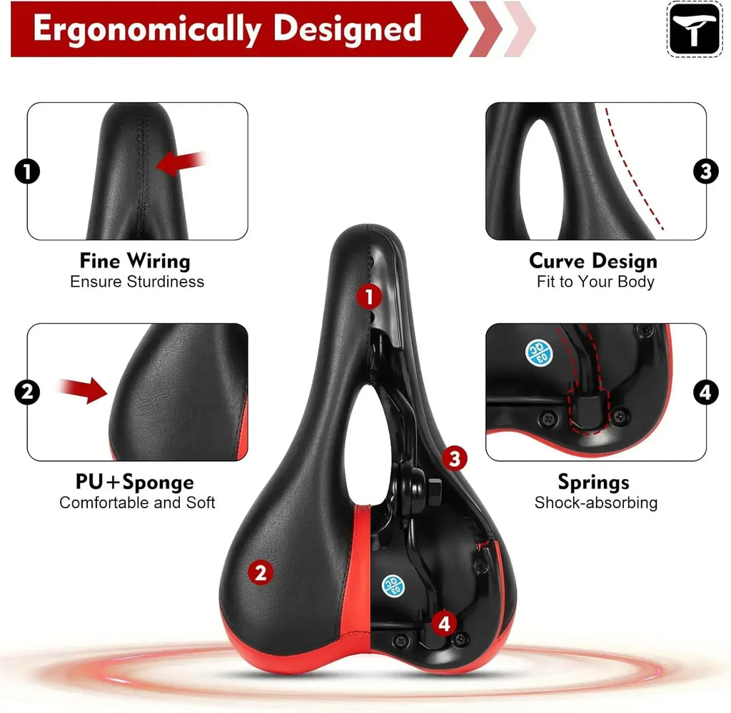 Black and red electric scooter saddle with ergonomic curves, PU leather surface, and shock-absorbing springs.