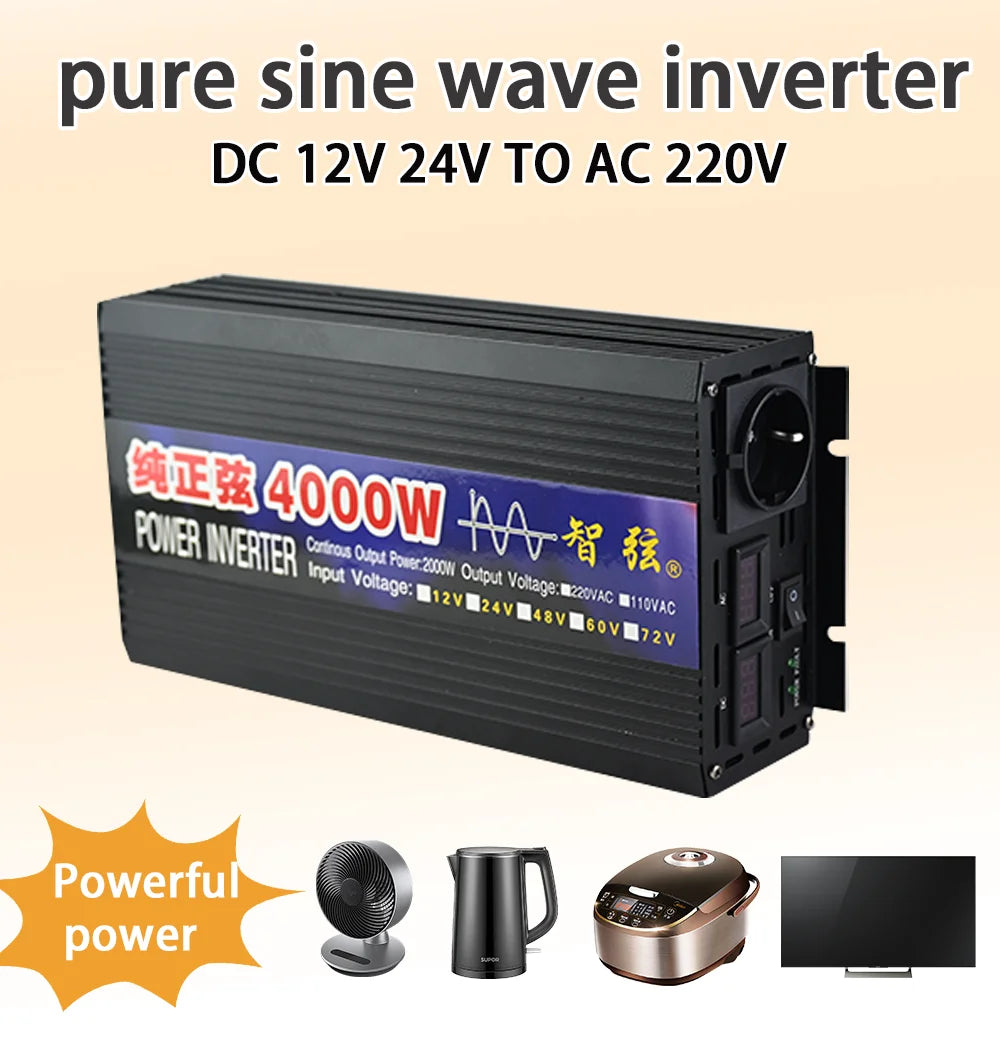 Black, rectangular 12V/24V to 220V pure sine wave power inverter with integrated digital displays and AC socket.