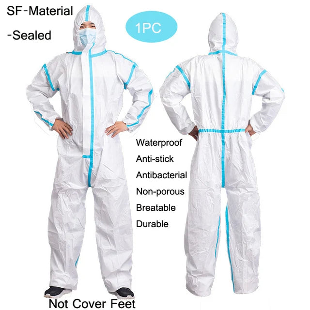 White hooded SF material protective coverall with blue sealed seams, waterproof, breathable, and antibacterial.
