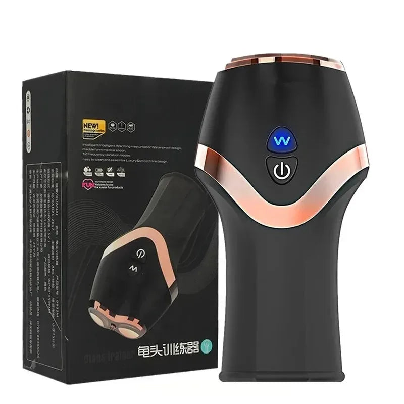 Sleek black automatic masturbation cup with rose gold accents, featuring two control buttons and 12 vibration modes.