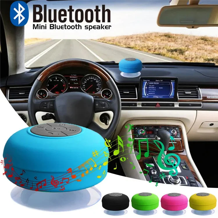 Blue wireless waterproof Bluetooth speaker with a suction cup, shown with music icons and optional colours.